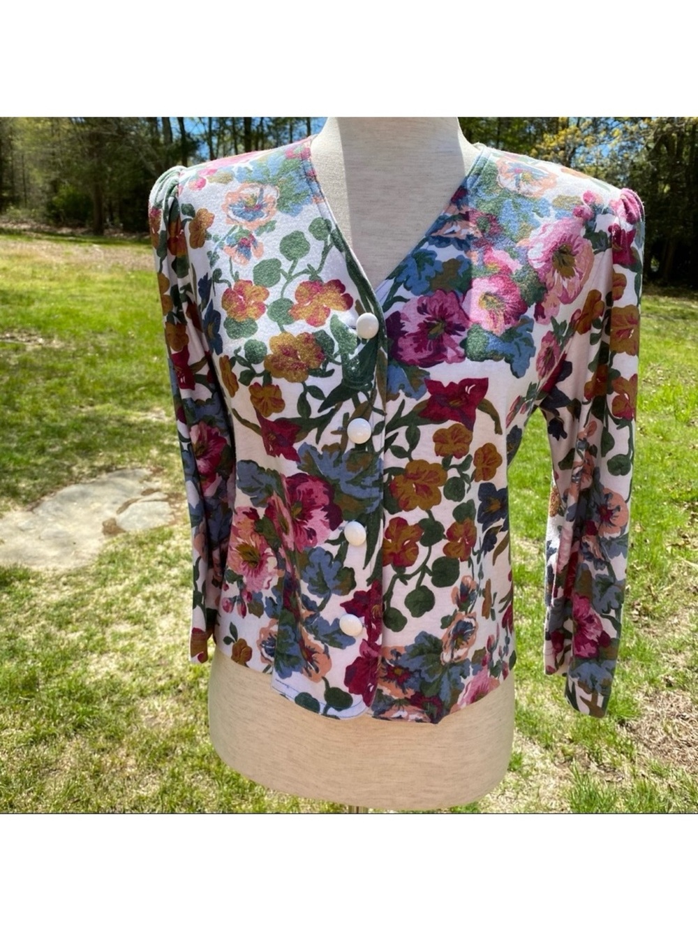 LANZ VINTAGE 80s TOP SWEATER CARDIGAN WHITE PINK GREEN FLORAL SIZE 8